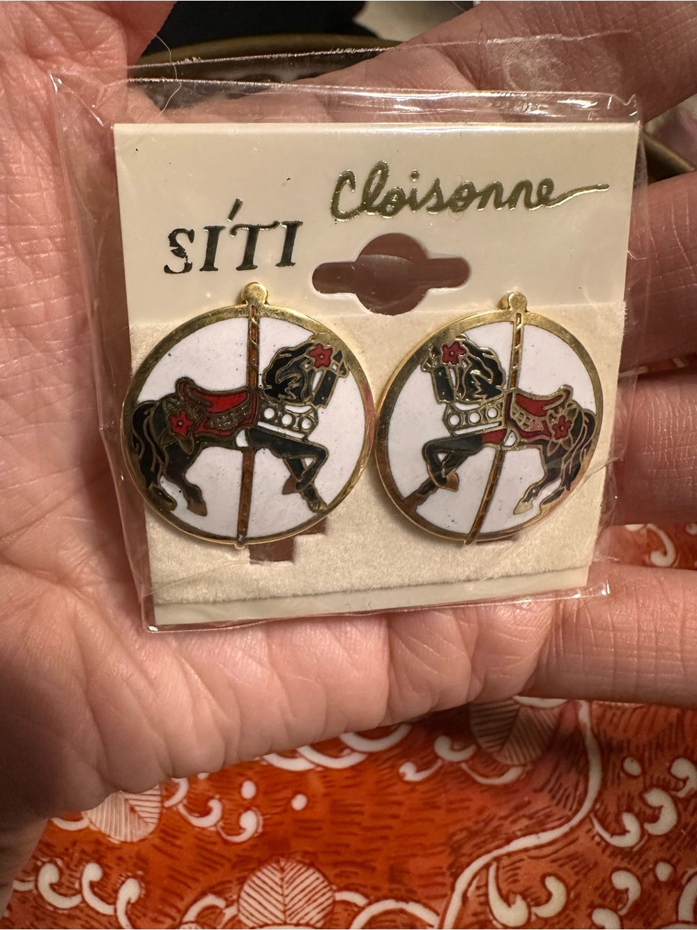 Vintage Cloisonne 22k Gold Plated White & Black Carousel Horse Clip on Earrings